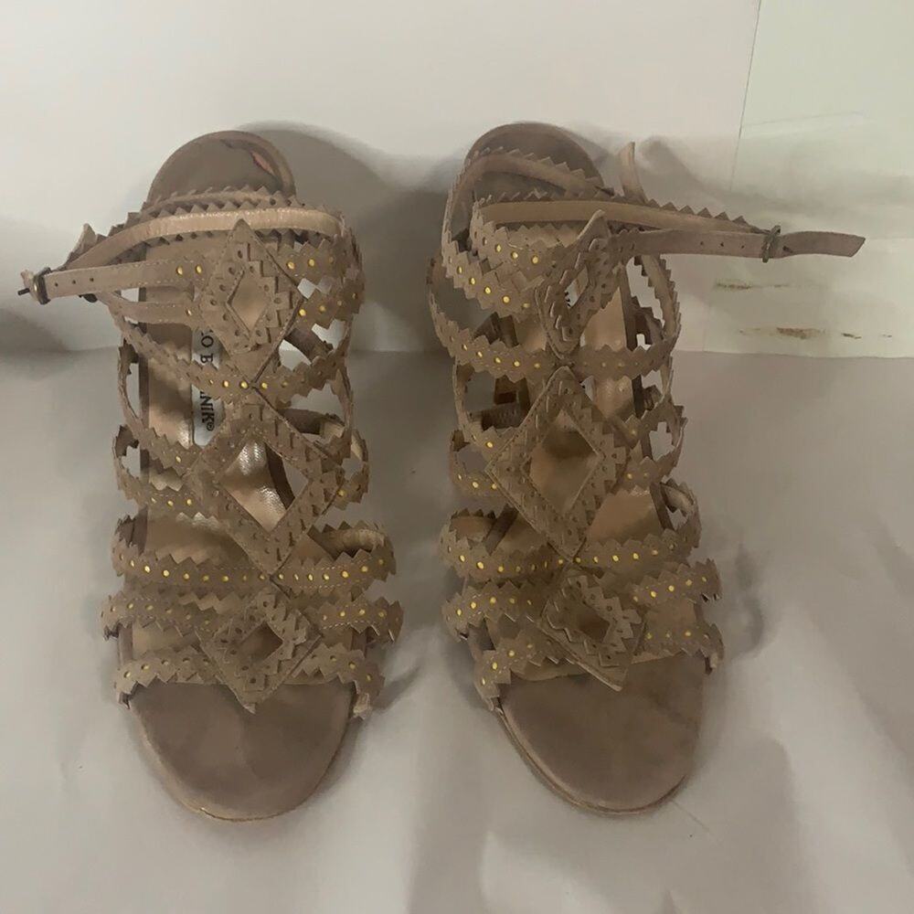 MANOLO BLAHNIK TAN CAGE SUEDE SANDALS‎ SIZE 39